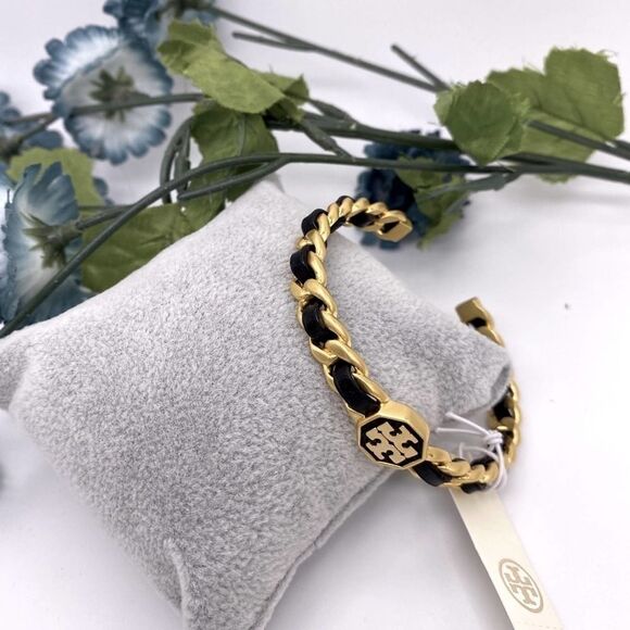 NWT Tory Burch Gold Logo,Black Leather Braided cuff Bracelet - Picture 5 of 9